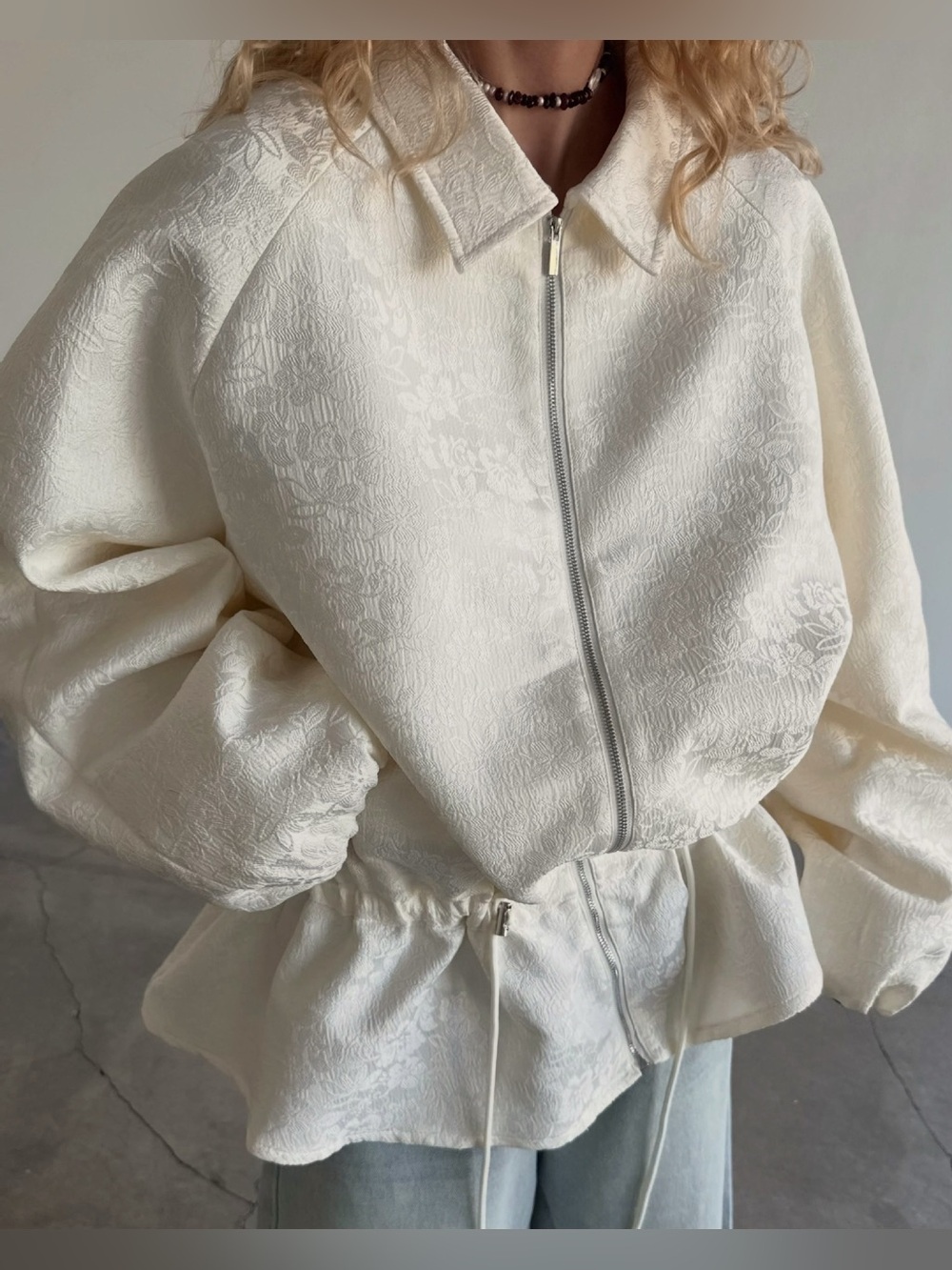 Jacquard Bomber Jacket with Drawstring Waist